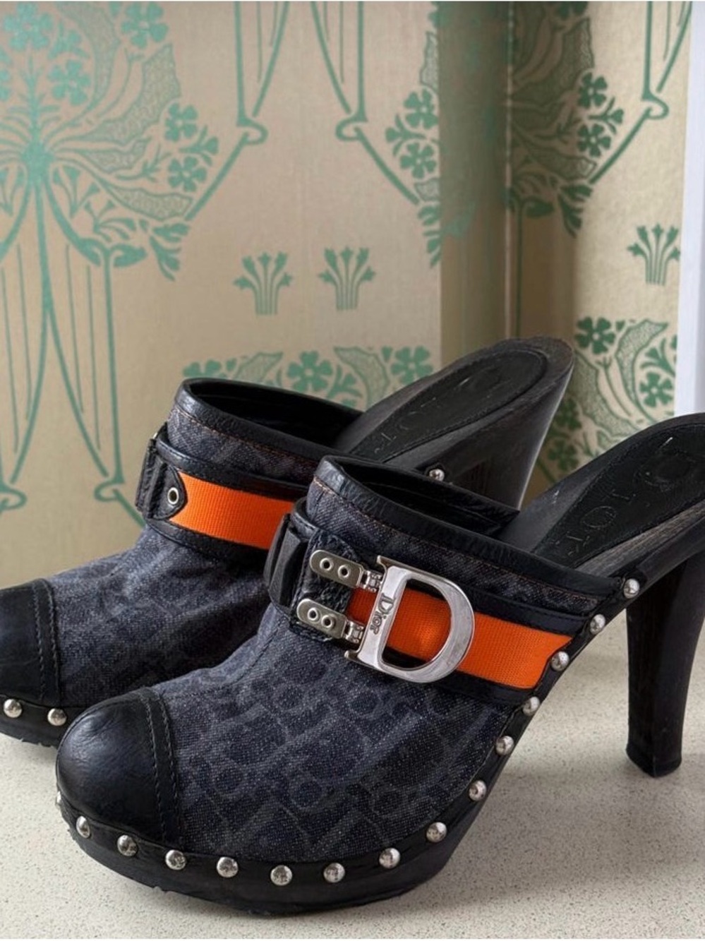 Vintage Dior by John Galliano Monogram Clog Mules with Orange Strap. Size 39.5
